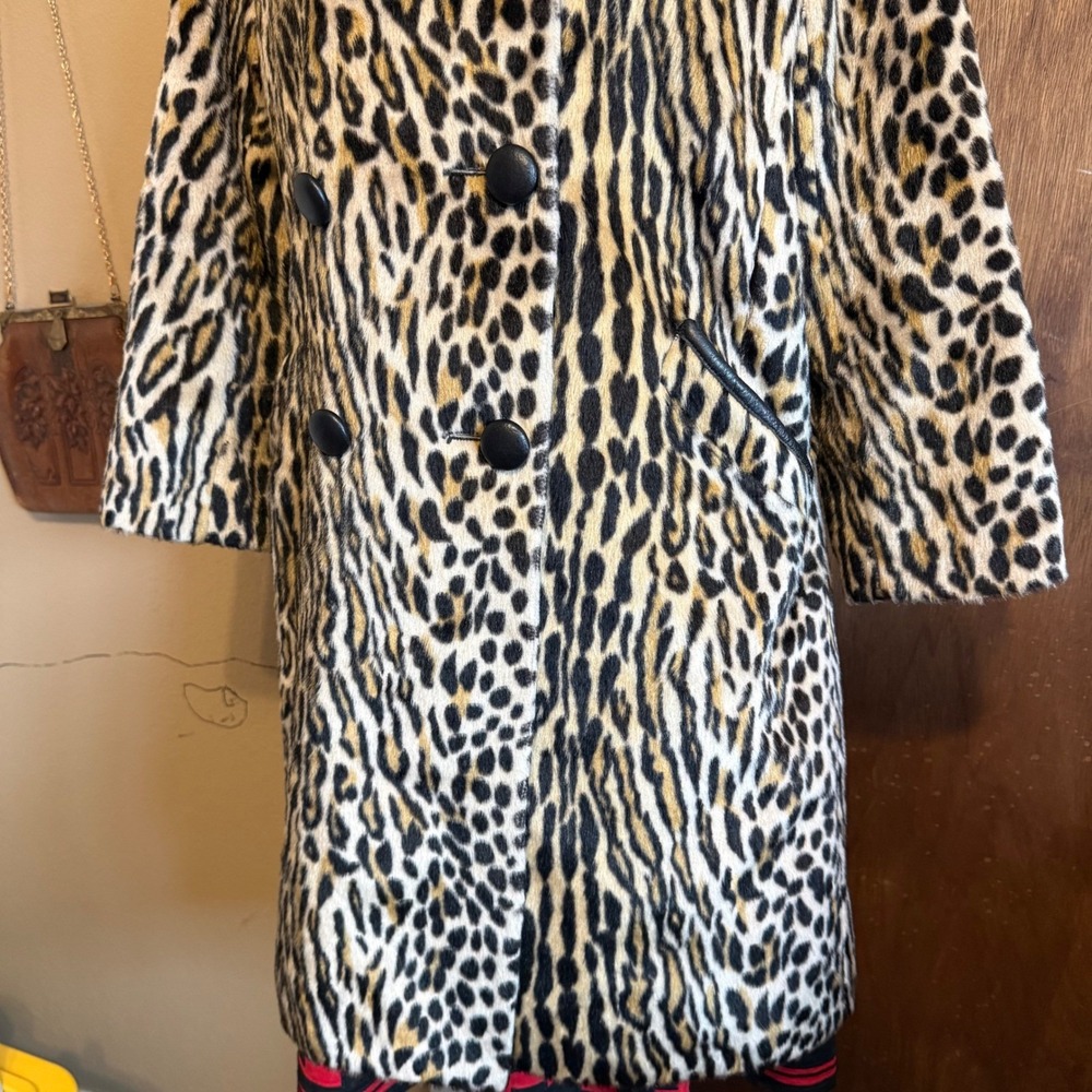 Vintage Safari Sportowne Leopard Faux‎ Fur Coat Double Breasted Animal Print L - Picture 4 of 16